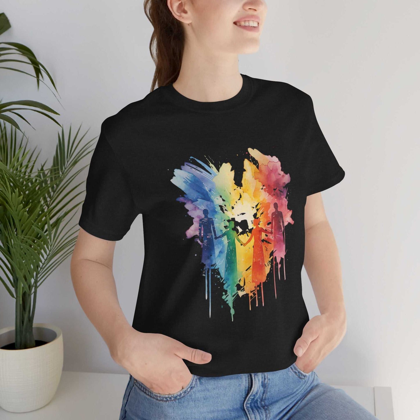 Unisex colorful graphic t-shirt with vibrant rainbow bleed design on chest by Apolitical Apparel