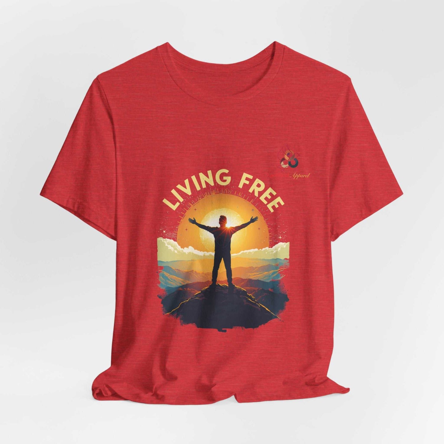 Sunset silhouette T-shirt from Apolitical Apparel featuring a lone figure with arms outstretched on a mountain peak symbolizing Live Free in the USA