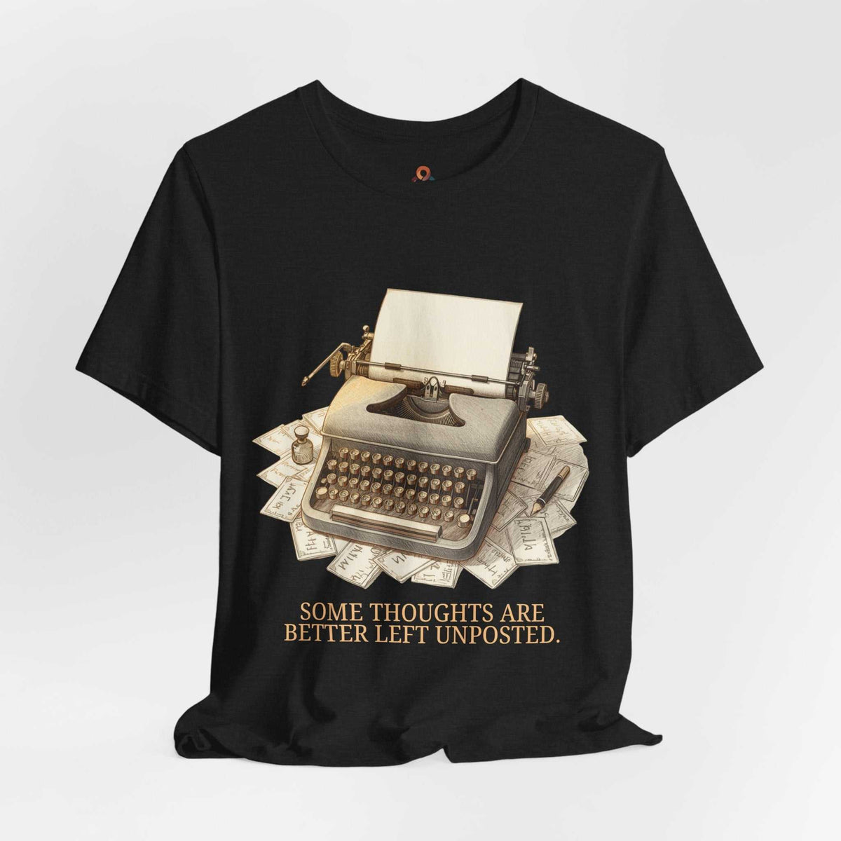 Unisex graphic t-shirt navy blue with vintage typewriter and blank paper design in cream ink