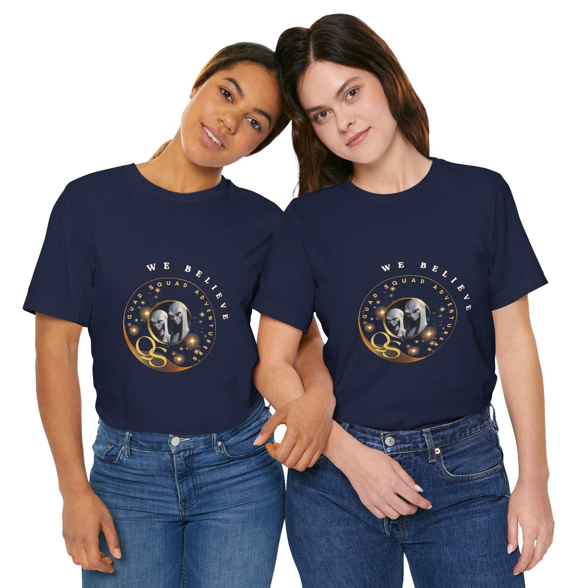 Quad Squad Adventurer We Believe tee shirt with alien couple and constellation design on soft unisex cotton fabric