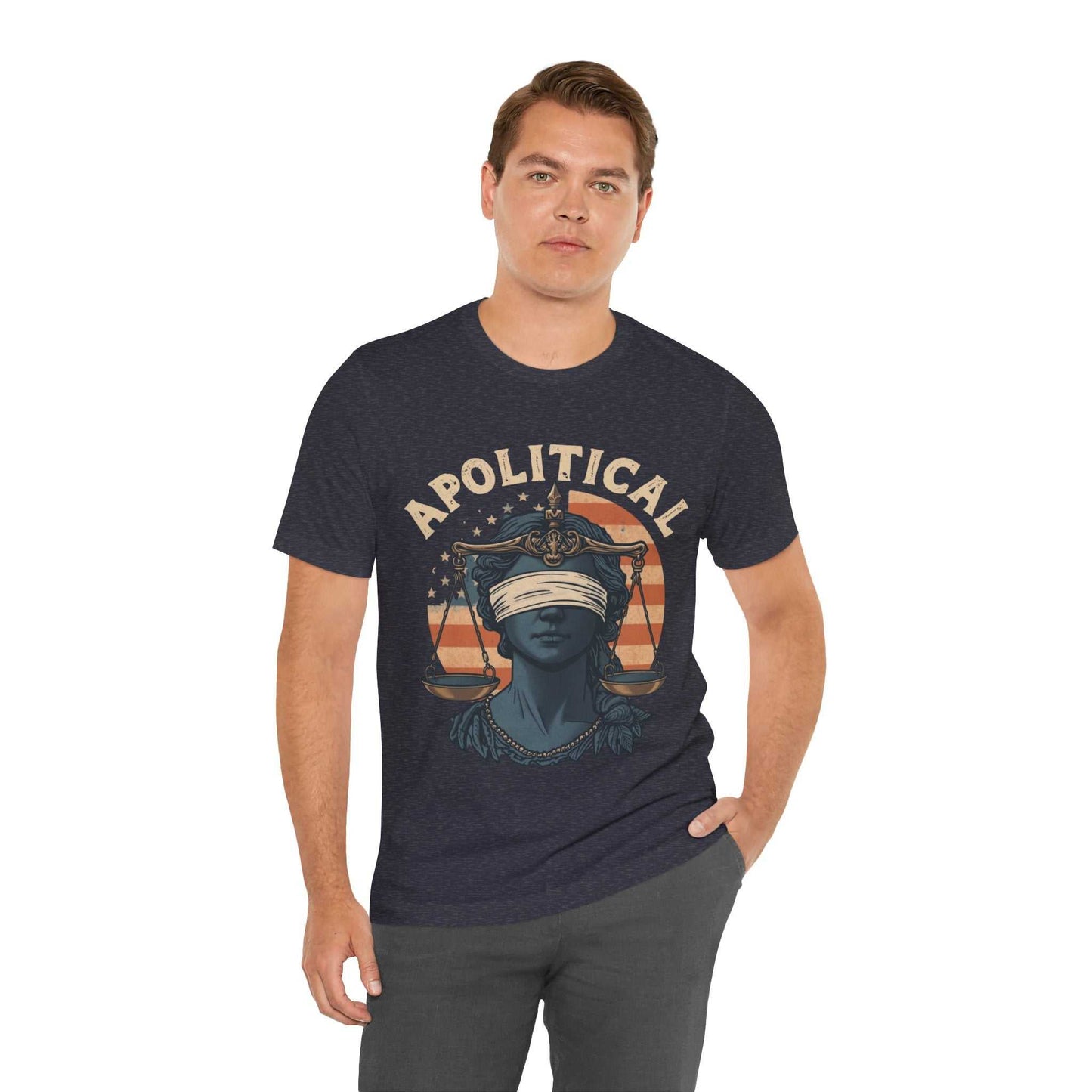 Unisex graphic T-shirt featuring Blind Justice Lady Liberty design symbolizing impartial justice and equality