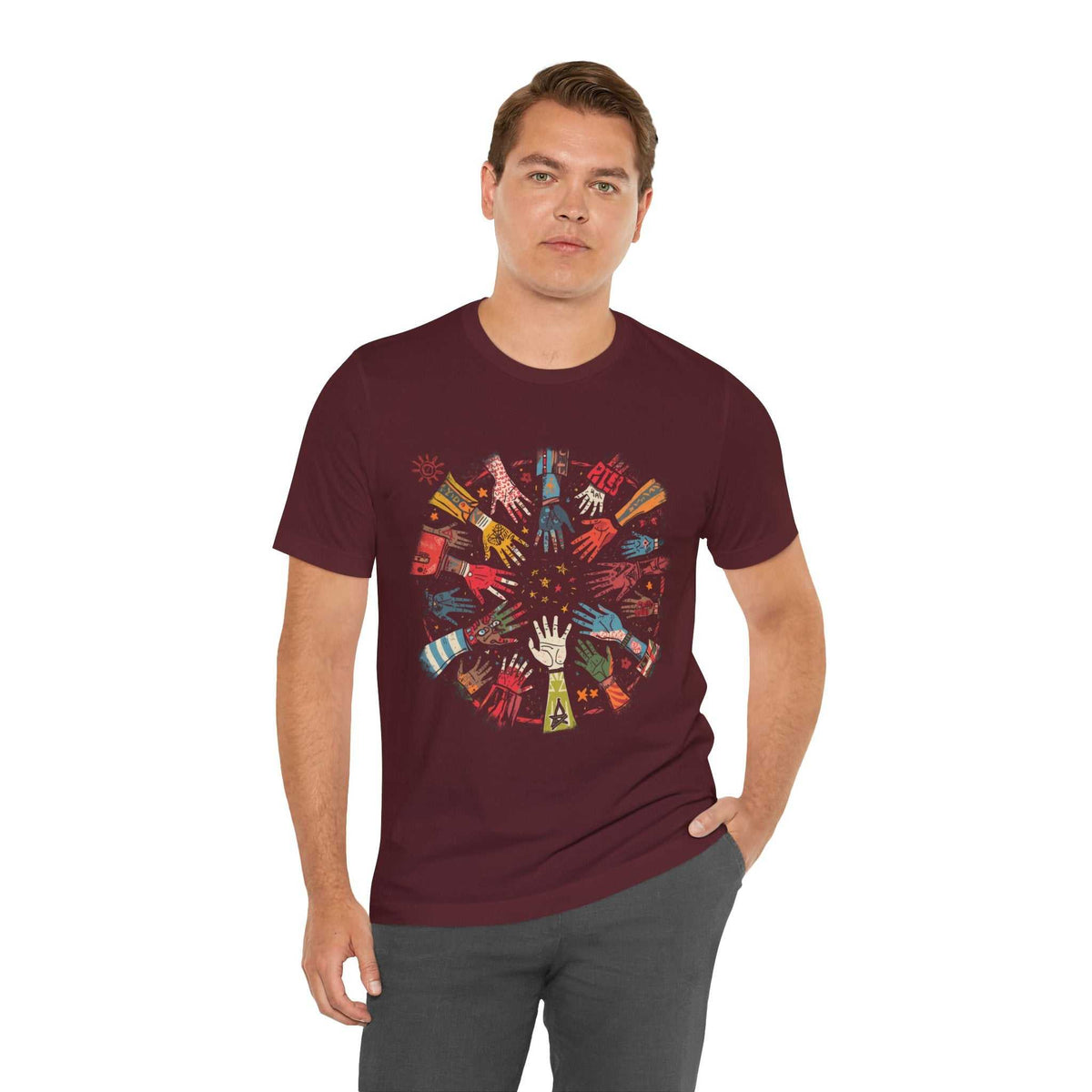 Unisex Unity Graphic T-Shirt with multicolored clock hands design symbolizing community and harmony
