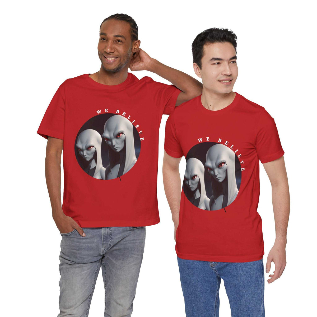 Unisex soft tee featuring stylized alien couple graphic with "We Believe" text from Out of this World collection