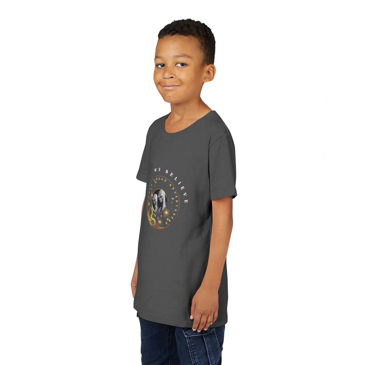 Youth unisex Quad Squad Adventurers We Believe tee with alien couple and constellation design