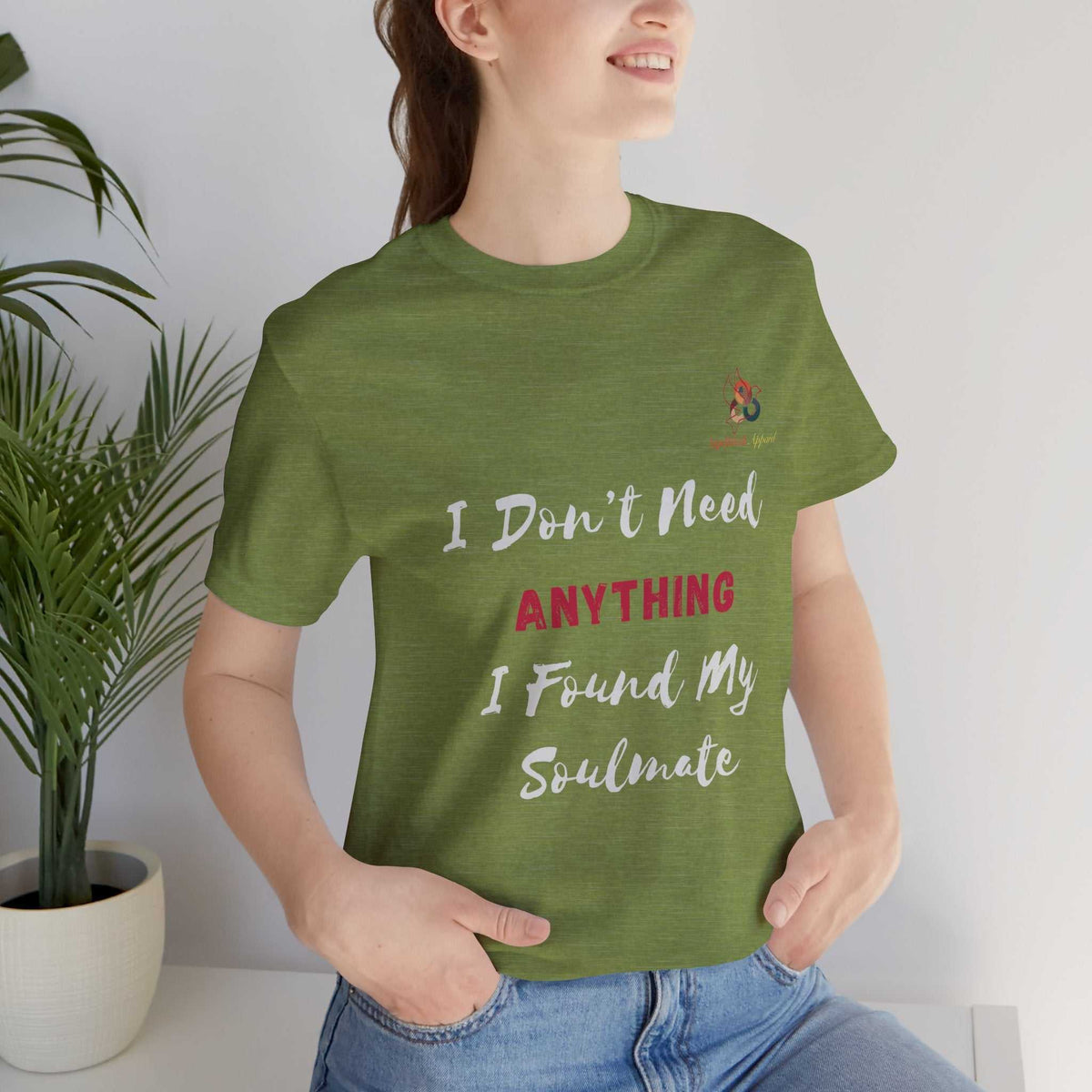 Unisex romantic statement t-shirt with "I Found My Soulmate" text, soft cotton, casual fit, styled for love and comfort