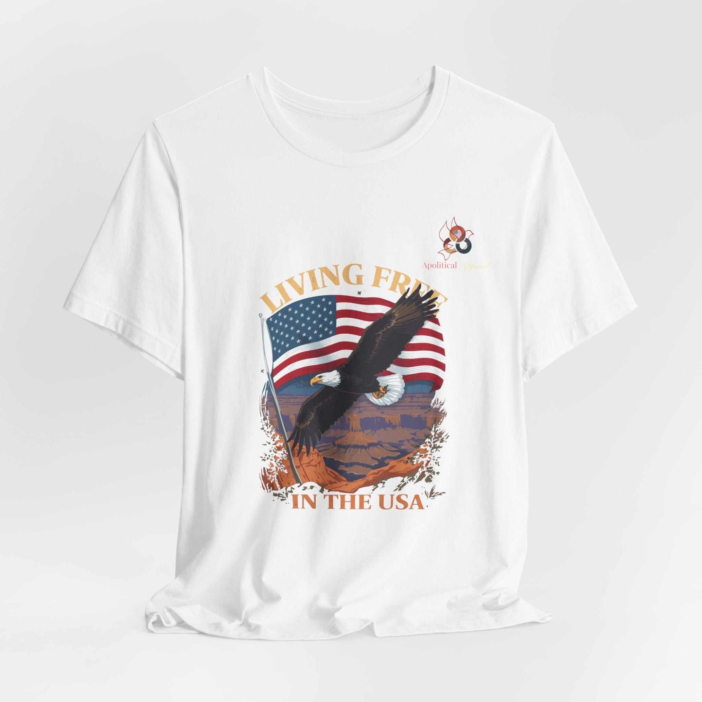 Living Free in the USA graphic tee featuring a soaring bald eagle over a rugged Western landscape, symbolizing American freedom and patriotism.
