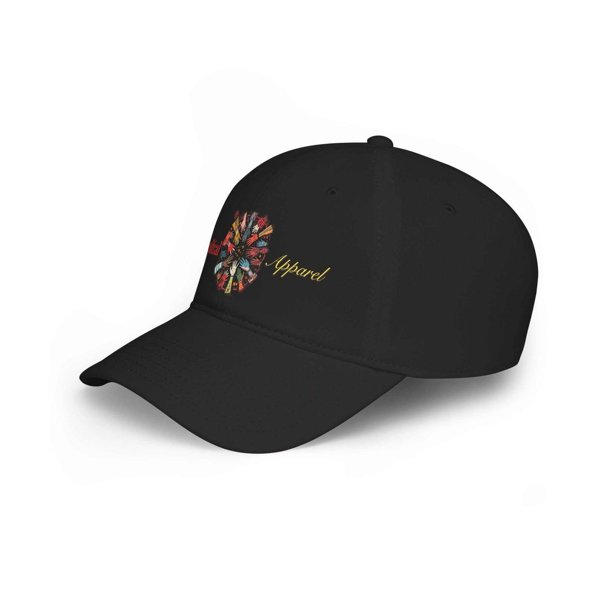 Apolitical Apparel low profile baseball cap with multicolored Clock Hands graphic, 100% cotton twill, adjustable Velcro closure, unisex fit