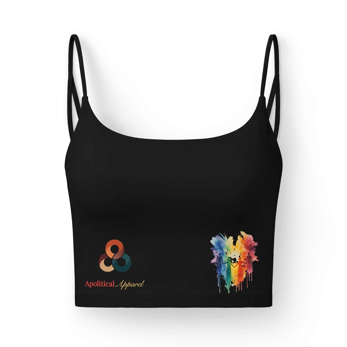 Rainbow Art Women’s Workout Luxe Bra in vibrant colors, designed for medium-impact workouts with recycled nylon fabric and adjustable support