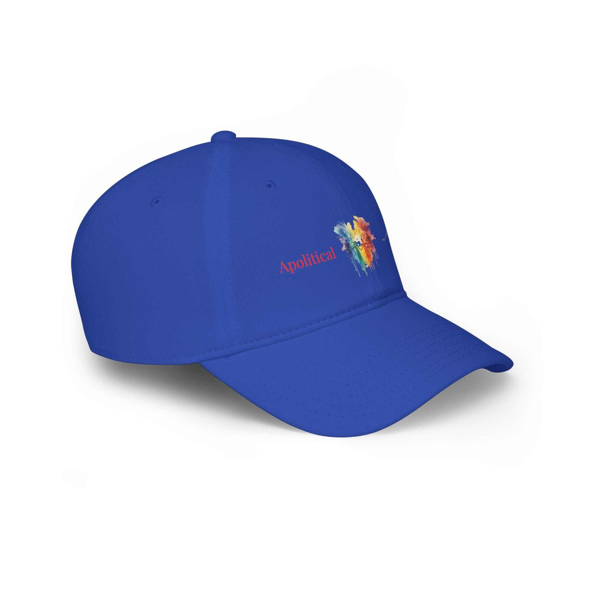 Apolitical Apparel Profile Baseball Cap with Rainbow Bleed graphic in 100% cotton twill, adjustable Velcro closure.