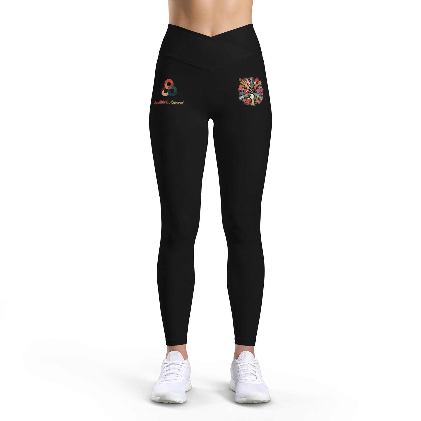 Close-up of women's luxe workout leggings with bold hands graphic on leg by Apolitical Apparel