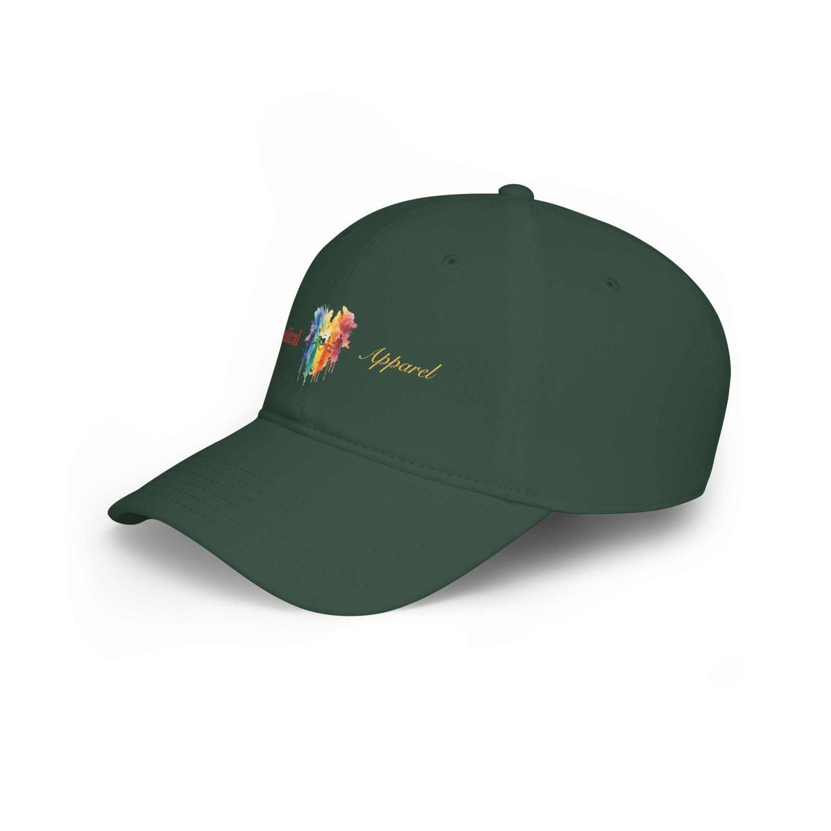 Apolitical Apparel Profile Baseball Cap with Rainbow Bleed graphic, 100% cotton twill, adjustable Velcro closure