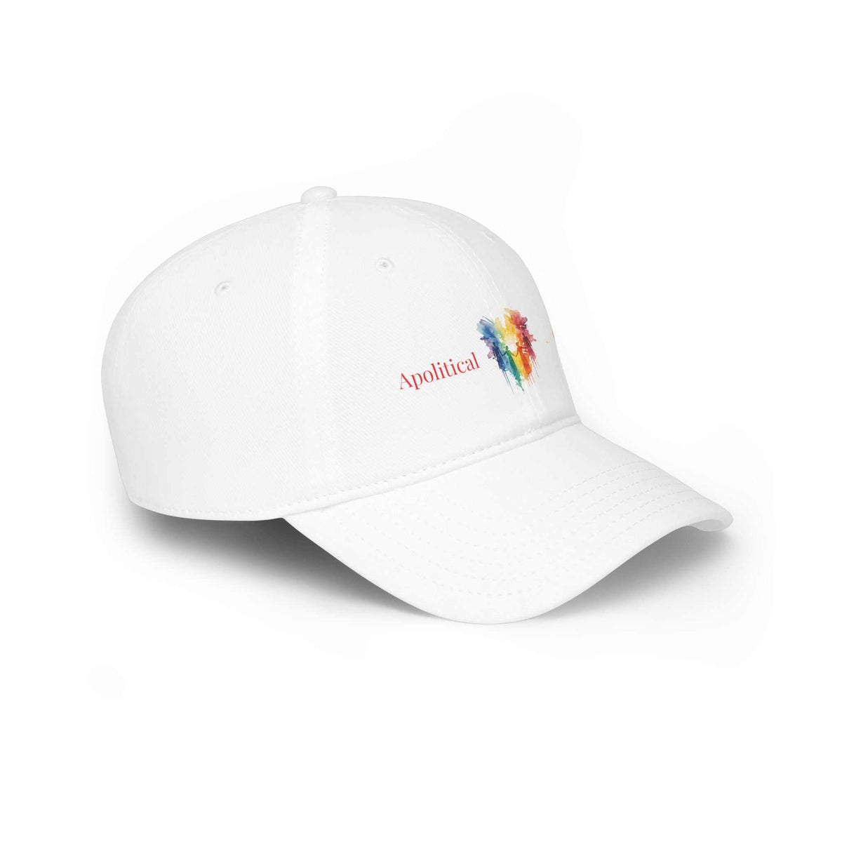 Apolitical Apparel Profile Baseball Cap with Rainbow Bleed graphic in 100% cotton twill and adjustable Velcro closure