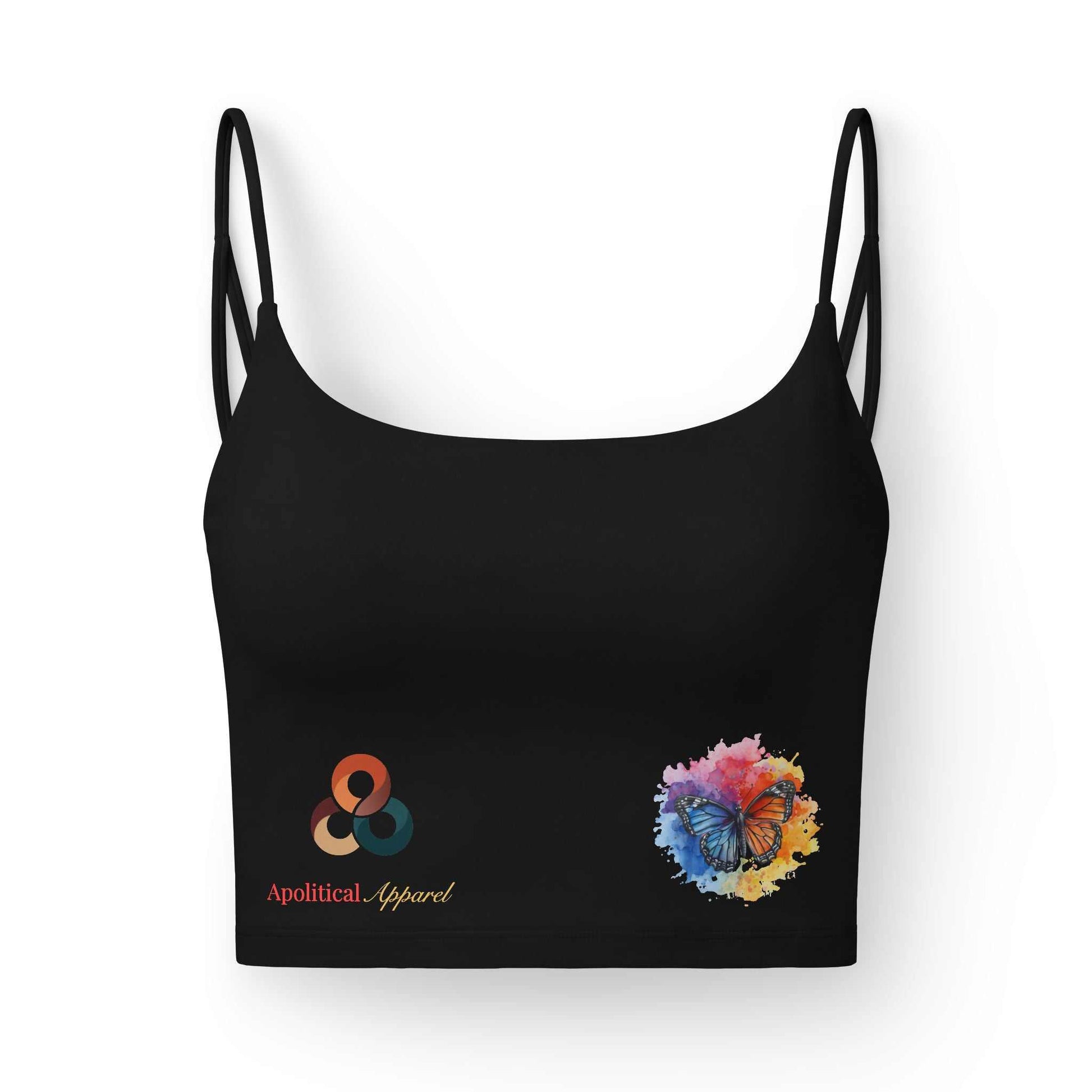 Butterfly Effect Women's Workout Luxe Bra in black, performance sports bra made from recycled nylon, designed for medium-impact workouts